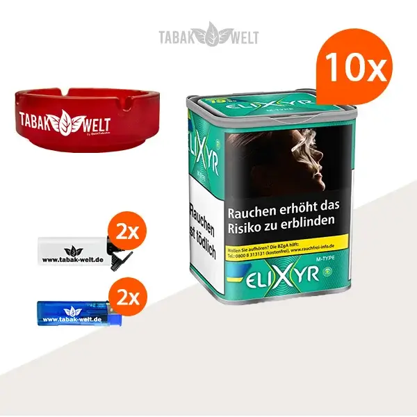 Elixyr Feinschnitttabak Menthol Plus 10x Dose mit Glasaschenbecher