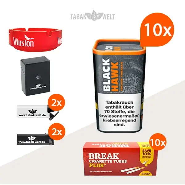Black Hawk Volumentabak 10x Dose mit 2000 Plus Hülsen und Glas Aschenbecher Black Hawk Volumentabak 10x Dose mit 2000 Plus Hülsen und Glas Aschenbecher
