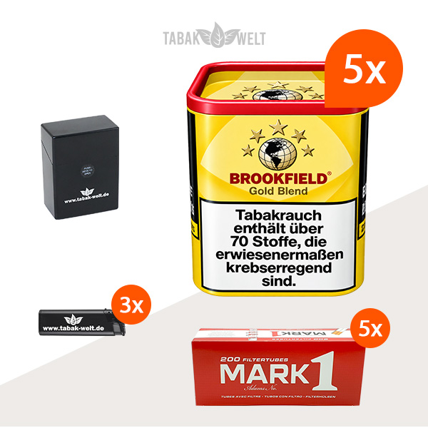 Brookfield Gold Blend Drehtabak 5er-Dosen-Set mit 1000 Filterhülsen und Etui