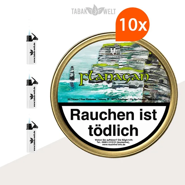 HU Tobacco Flanagan Flake Pfeifentabak 10 Dosen mit Feuerzeugen