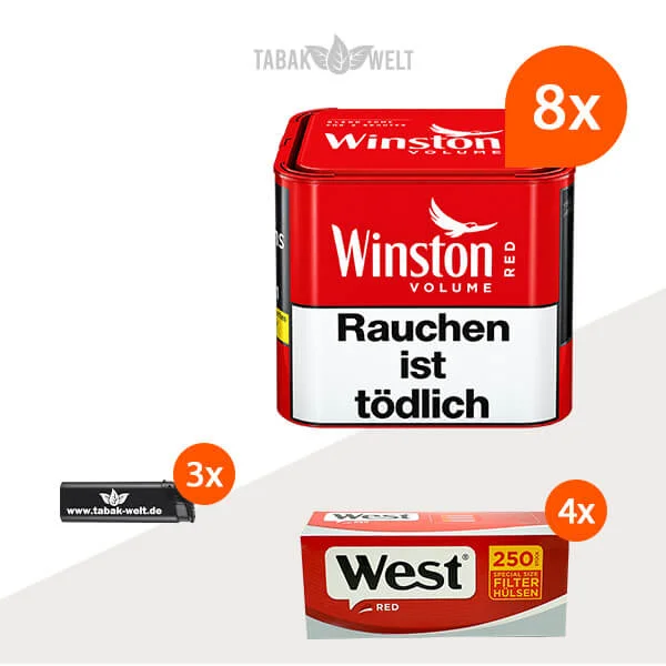 Winston Red Volumentabak S 8 x Dose mit 1000 Special Size Filterhülsen