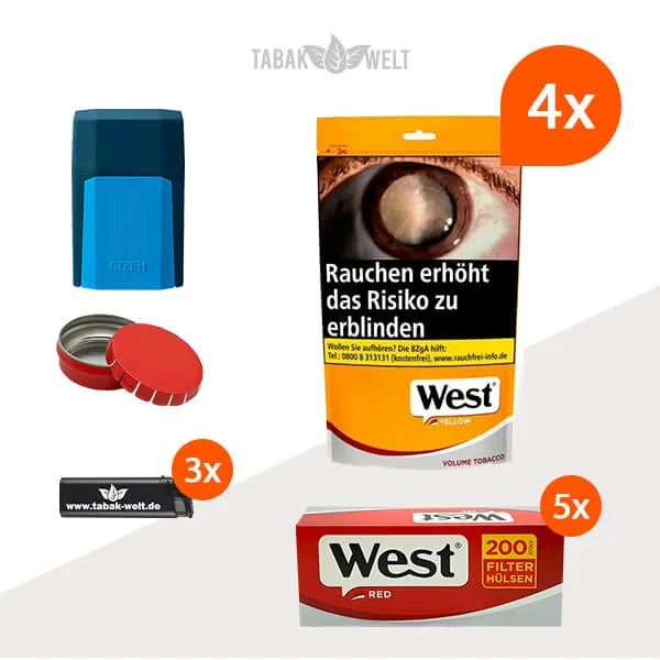 west-yellow-volumentabak-4x-beutel-mit-1000-filterhuelsen-und-etui