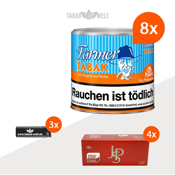 Farmer Orange Pfeifentabak Virginia und Burley, 8 Dosen mit 1000 Special-Size-Filterhülsen und Feuerzeugen