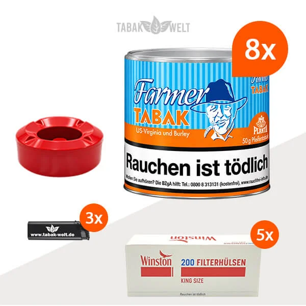 Farmer Orange Pfeifentabak Virginia und Burley, 8 Dosen mit 1000 Extra-Size-Zigarettenhülsen und Aschenbecher