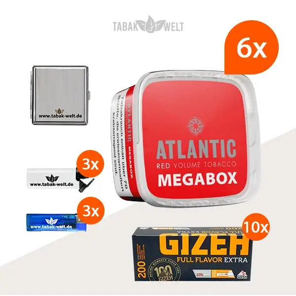 Atlantic Red Premium Volumentabak 6x Mega Box mit 2000 Full Flavor Extra Hülsen 