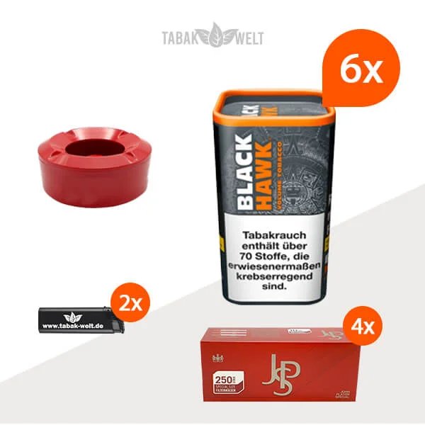 Black Hawk Volumentabak 6x Dose mit 1000 Special Size Hülsen und Windaschenbecher Black Hawk Volumentabak 6x Dose mit 1000 Special Size Hülsen und Windaschenbecher