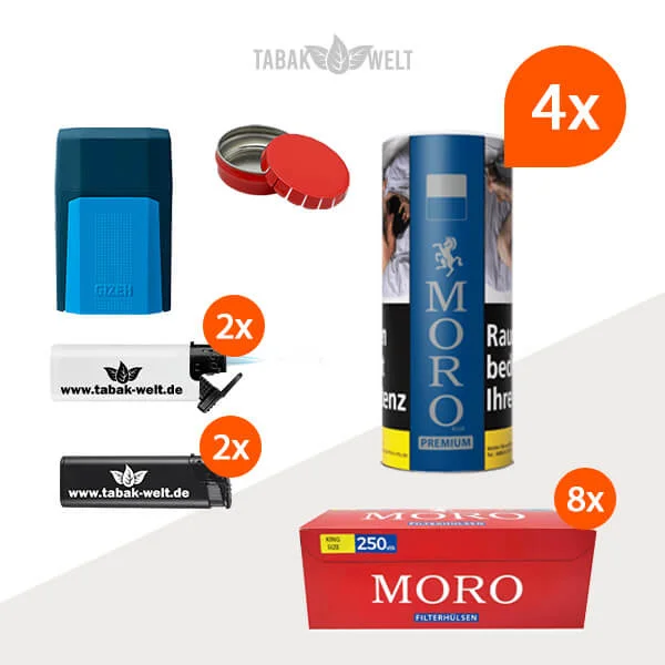Moro Premium Volumentabak Blau 4x Vorratsdose mit 2000 Extra Filterhülsen