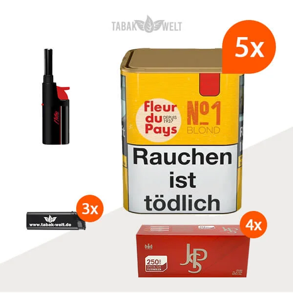 Fleur du Pays No. 1 Blond Drehtabak 5x Dose mit 1000 Special Size Hülsen und Stabfeuerzeug