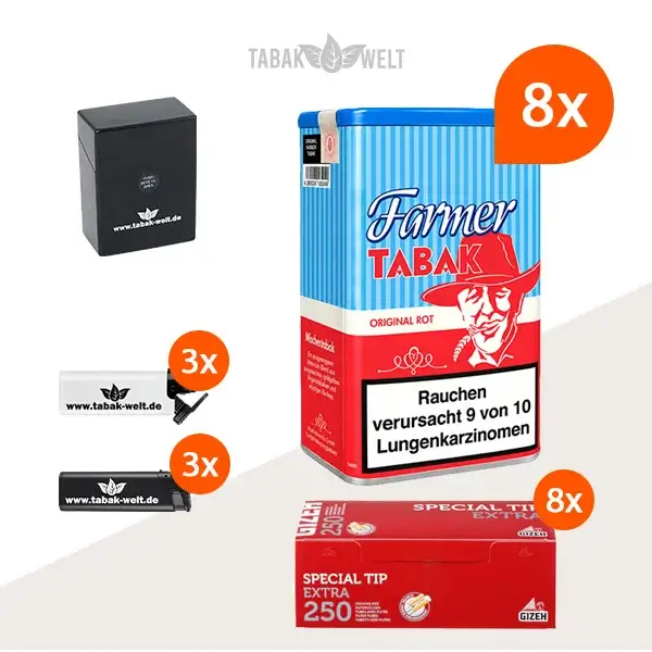 Farmer Rot Pfeifentabak 8x Dose mit 2000 Special Tip Extra Hülsen