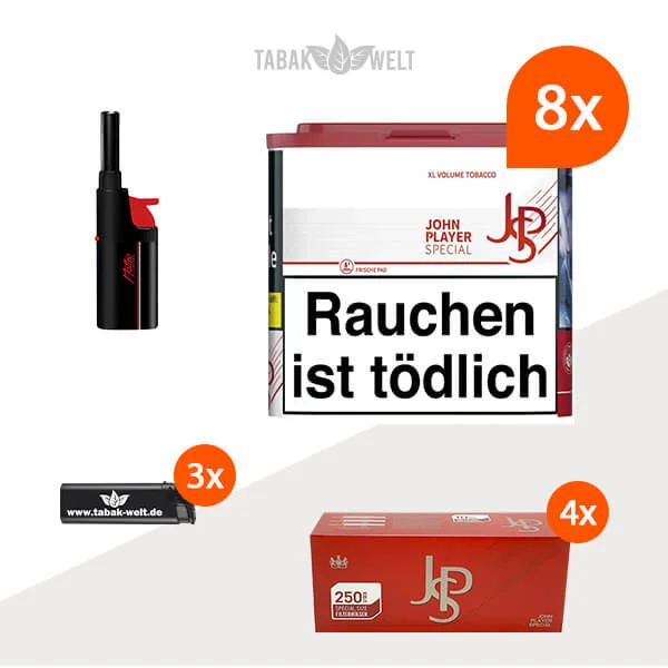 JPS Red Volumentabak 8x Dose mit 1000 Filterhülsen und Stabfeuerzeug