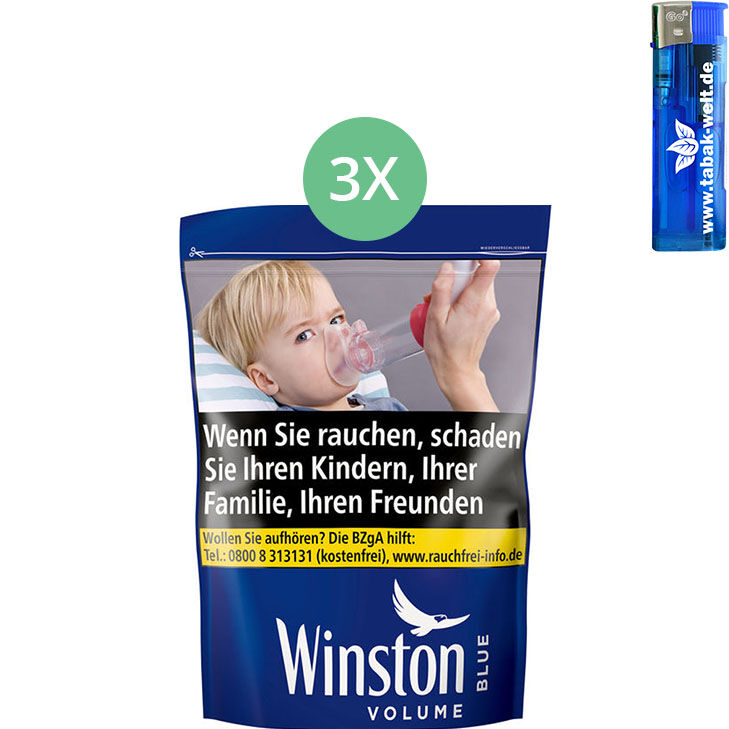 Winston Blue Volumentabak 3 x Beutel mit Feuerzeugen