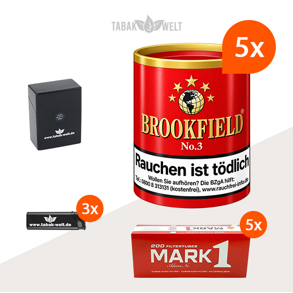 Brookfield No. 3 Pfeifentabak 5er-Set mit 1.000 Filterhülsen und Etui