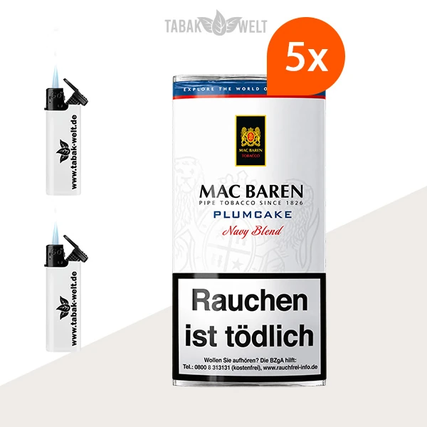 Mac Baren Plumcake Pfeifentabak – 5 Pouches mit Feuerzeugen