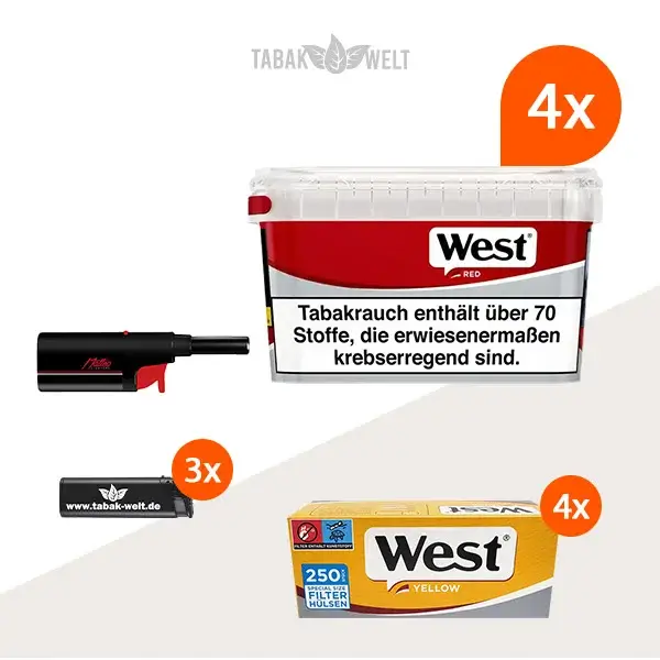 west-red-volumentabak-4x-mega-box-mit-1000-special-size-huelsen-und-stabfeuerzeug