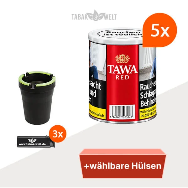Tawa Red Feinschnitt Tabak – 5 Dosen mit wählbaren Zigarettenhülsen
