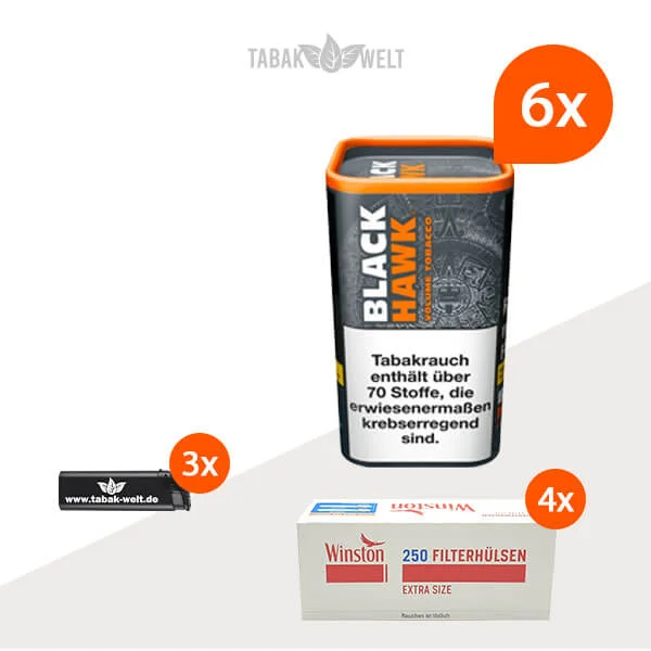 Black Hawk Volumentabak 6x Dose mit 1000 Extra Size Hülsen und Feuerzeugen Black Hawk Volumentabak 6x Dose mit 1000 Extra Size Hülsen und Feuerzeugen