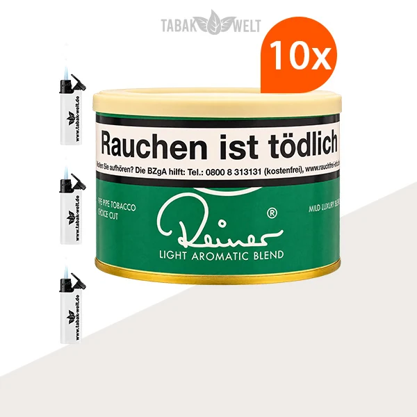 Reiner Grün Pfeifentabak 10er-Dosen-Set mit Sturmfeuerzeugen
