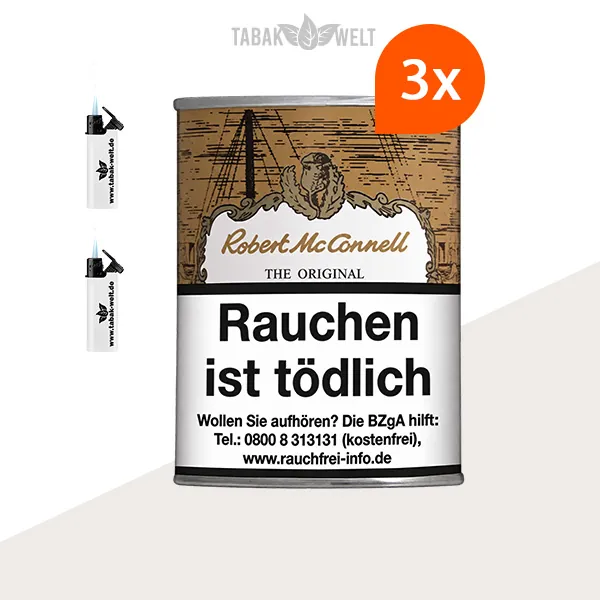 Robert McConnell Original Maduro Pfeifentabak 3x Box mit Sturmfeuerzeugen
