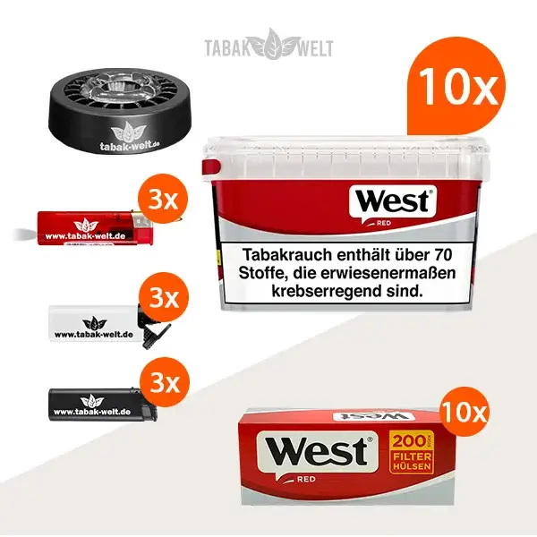 West Red Volumentabak 10x Mega Box mit 2000 Filterhülsen und Feuerzeugen