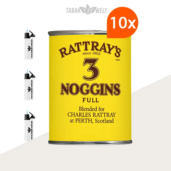 Rattray’s British Selection 3 Noggins Pfeifentabak – 10er-Box mit Feuerzeugen