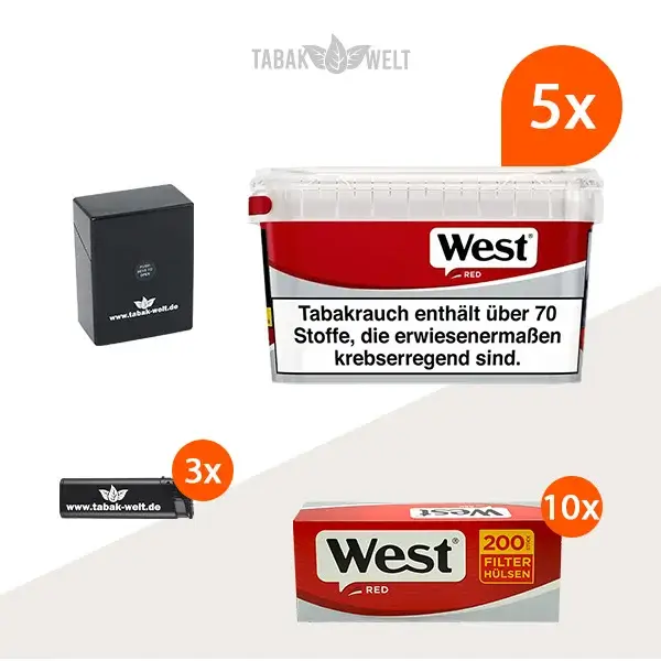 west-red-volumentabak-5x-mega-box-mit-2000-special-size-huelse-und-feuerzeugen