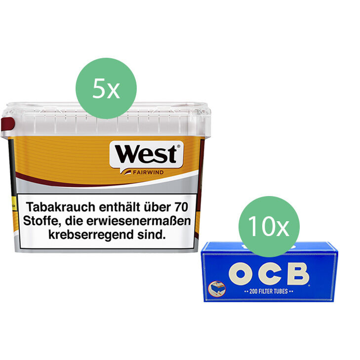 West Yellow Volumentabak 5 x Mega Box mit 2000 King Size Hülsen 