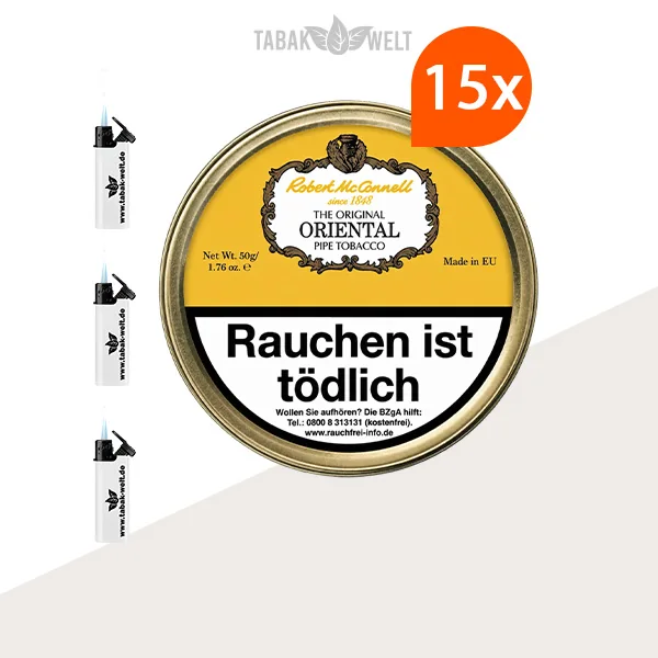 Robert McConnell Original Oriental Pfeifentabak 15x Dose mit Sturmfeuerzeugen