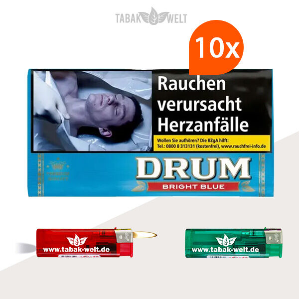 Drum Feinschnitt-Tabak Hellblau 10x Pouch mit Feuerzeugen Drum Feinschnitt-Tabak Hellblau 10x Pouch mit Feuerzeugen