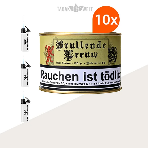HU Tobacco Brullende Leeuw Pfeifentabak, 10 Dosen mit Feuerzeugen