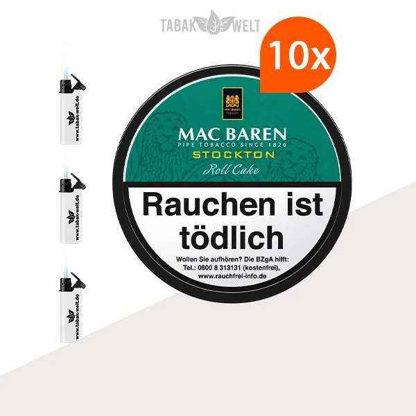 Mac Baren Stockton Roll Cake Pfeifentabak – 10 Dosen mit Feuerzeugen