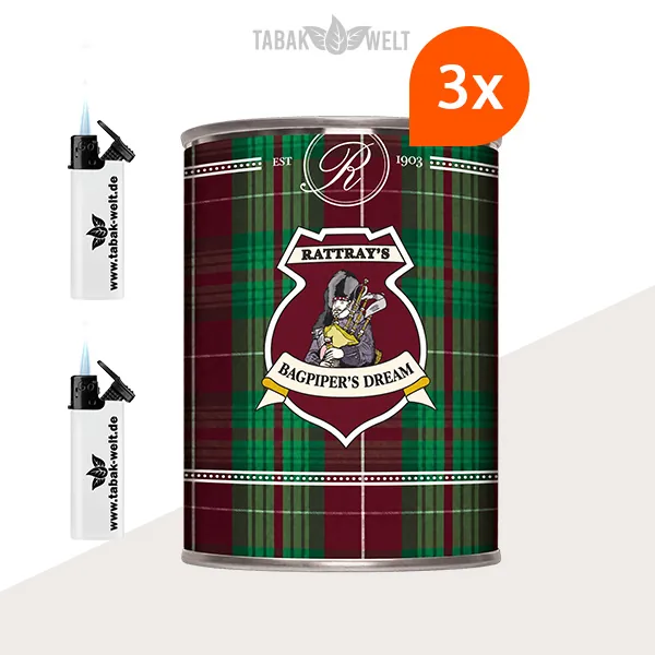 Rattray’s British Selection Bagpiper’s Dream Pfeifentabak – 3er-Box mit Feuerzeugen
