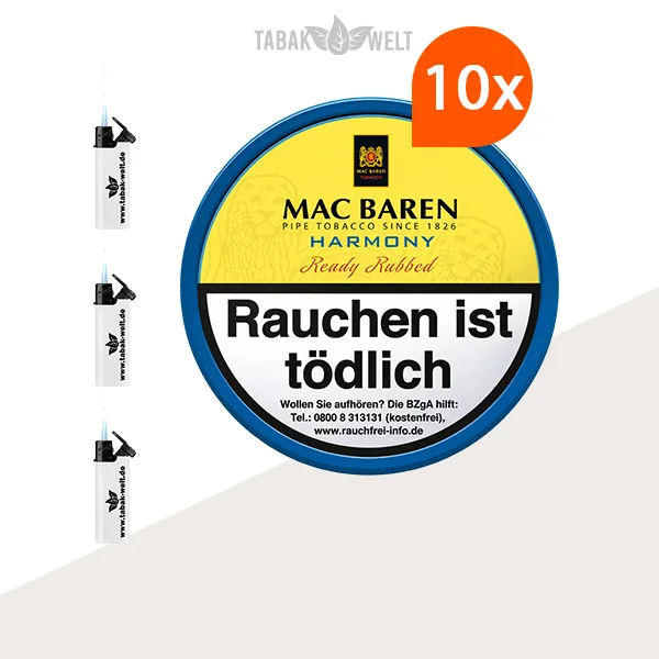 Mac Baren Harmony Pfeifentabak 10er-Dosen-Set mit Feuerzeugen