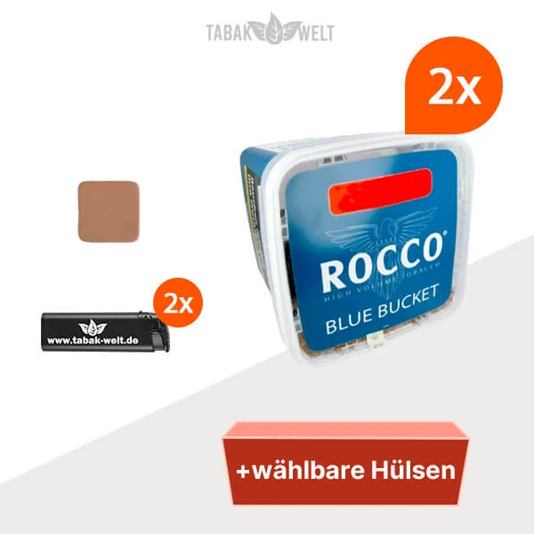 Rocco Blue Volumentabak 2x Bucket Box mit wählbaren Hülsen und Tabakbefeuchter