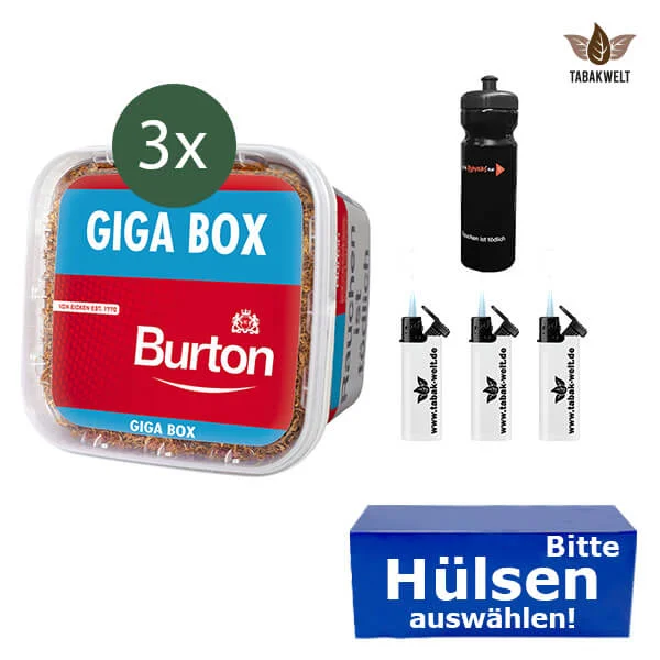 Burton Volumentabak Red 3 x Giga Box mit wählbaren Filterhülsen und Sportflasche