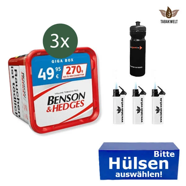 Benson und Hedges 3 x Giga Box Red mit wählbaren Hülsen und Sturmfeuerzeugen