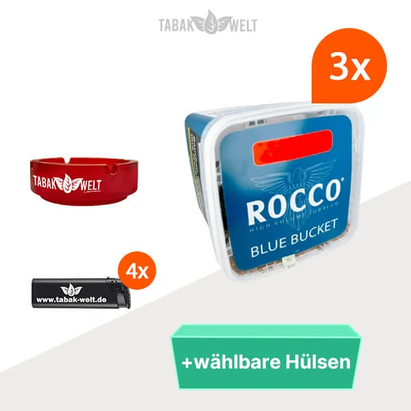 Rocco Blue Volumentabak 3x Bucket Box mit wählbaren Hülsen und Aschenbecher