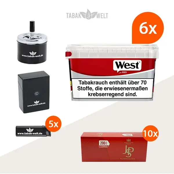 west-red-volumentabak-6x-mega-box-mit-2000-huelsen-und-drehaschenbecher