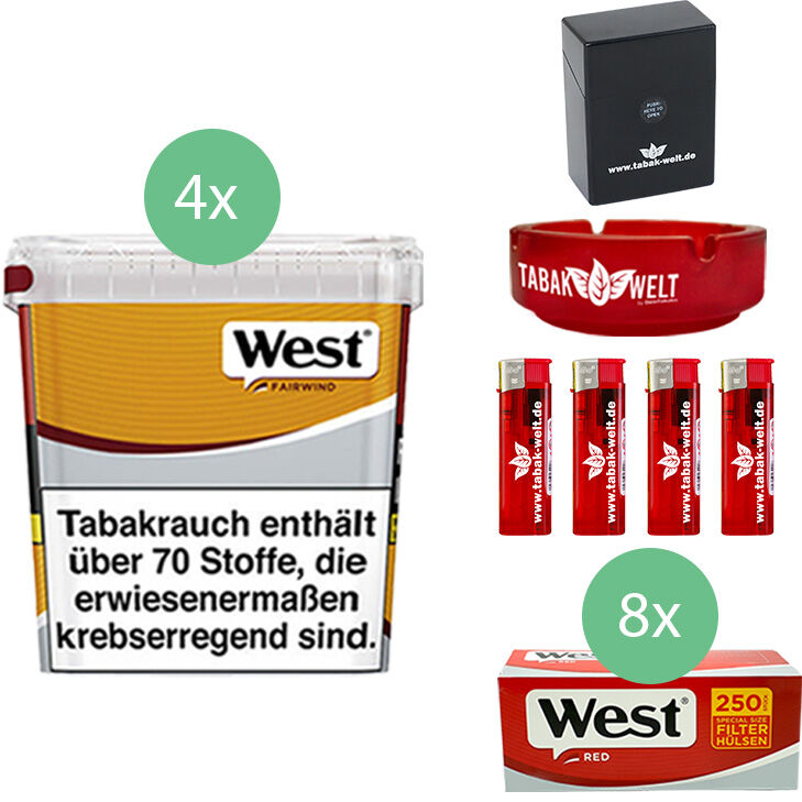 West Volumentabak Yellow 4 x Giga Box mit 2000 Special Size Hülsen und Etui