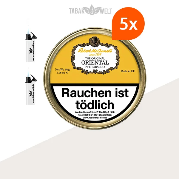 Robert McConnell Original Oriental Pfeifentabak 5x Dose mit Sturmfeuerzeugen