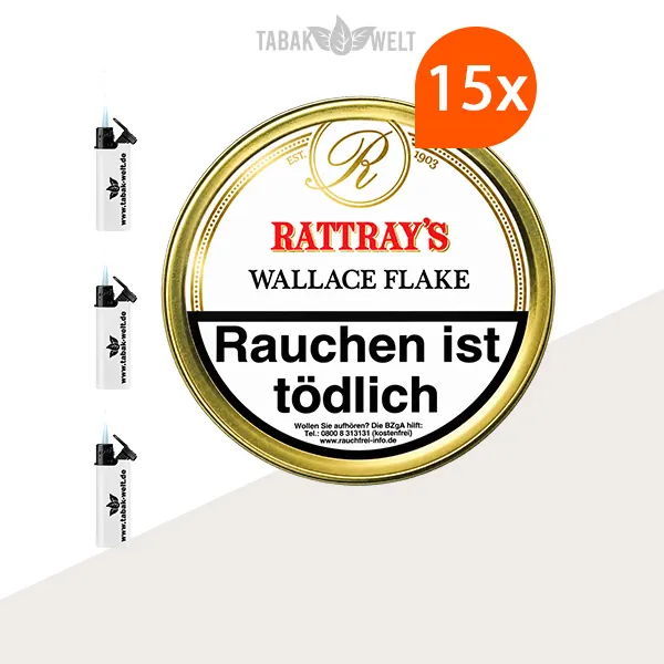 Rattray’s Flake Collection Wallace Flake Pfeifentabak im 15er-Set mit Dosen inklusive Feuerzeugen.