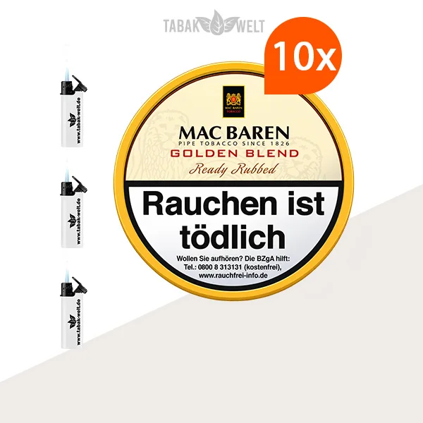 Mac Baren Golden Blend Pfeifentabak 10er-Dosen-Set L mit Feuerzeugen