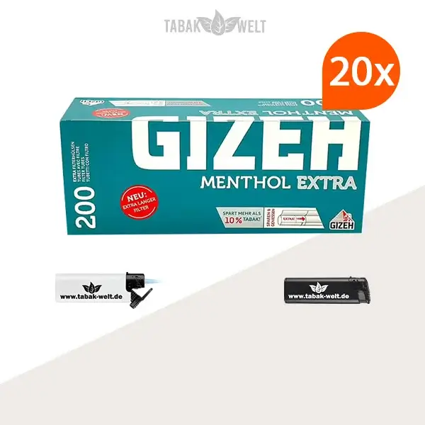 20x Gizeh Menthol Filterhülsen Extra 200er (4000 Stück) mit Feuerzeugen