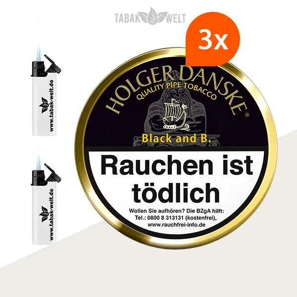 Holger Danske Black and Bourbon Pfeifentabak – 3 Dosen mit Feuerzeugen im Set