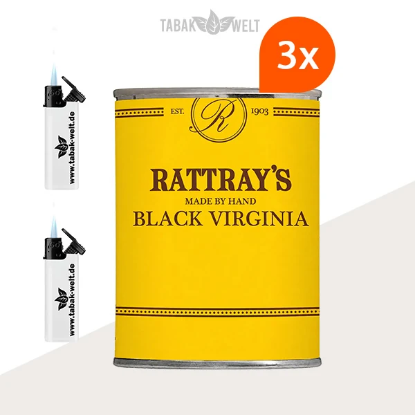 Rattray’s British Selection Black Virginia Pfeifentabak – 3er-Box mit Feuerzeugen
