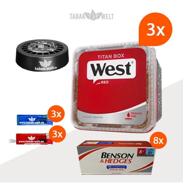 West Red Volumentabak 3x Titan Box mit 2000 Benson Hülsen und Aschenbecher
