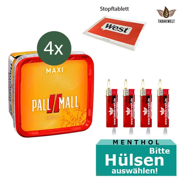 Pall Mall Volumentabak 4 x Maxi Box mit wählbaren Menthol Hülsen