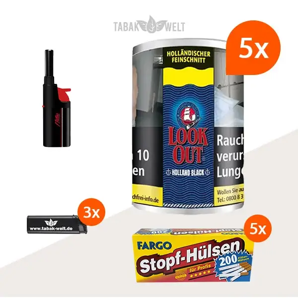look-out-holland-black-feinschnitt-tabak-5x-dose-mit-1000-king-size-huelsen-und-stabfeuerzeug