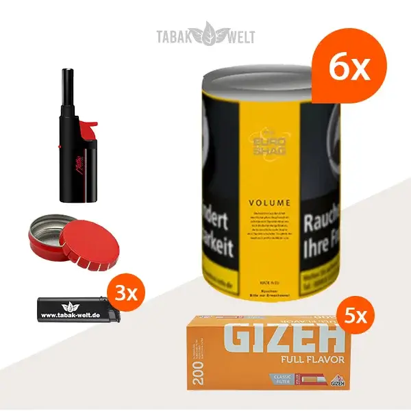 euro-shag-volume-tobacco-6x-dose-mit-1000-king-size-huelsen-und-stabfeuerzeug