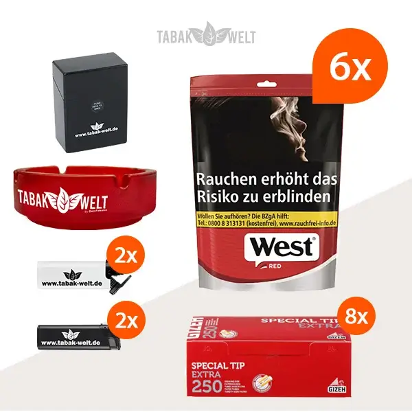 west-red-volumentabak-6x-beutel-mit-2000-filterhuelsen-und-aschenbecher
