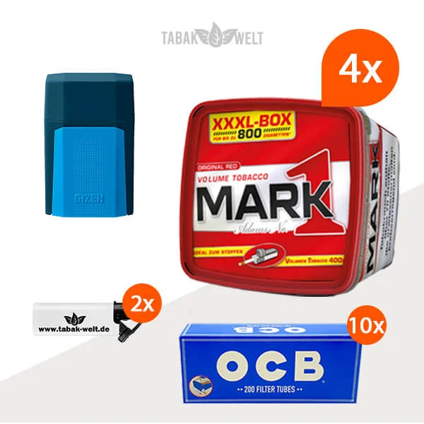 Mark 1 Red Volumentabak XXXL 4x Box mit 2000 King Size Hülsen und Sturmfeuerzeugen Mark 1 Red Volumentabak XXXL 4x Box mit 2000 King Size Hülsen und Sturmfeuerzeugen